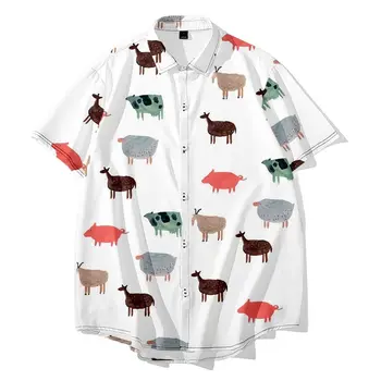 Мужская мода с животным принтом Свободная рубашка с коротким рукавом Повседневные пуговицы Хип-хоп рубашка Летняя гавайская рубашка Мужская рубашка Топ