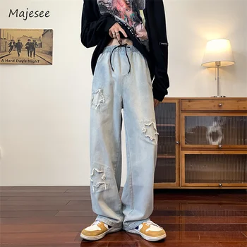 Мужские джинсы Свободная мода Универсальный корейский стиль Звездная вышивка Нашивки Кулиска Подростки Весна Осень Красивый Популярный Шик