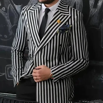 Мужские костюмы Роскошный двубортный пиджак с пиковыми лацканами Черно-белый полосатый элегантный 2 шт. Куртка на заказ Брюки Slim Fit