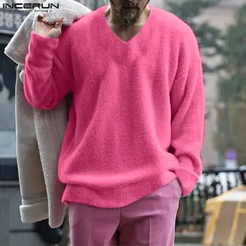 Мужские пуловеры Однотонный плюшевый V-образный вырез с длинным рукавом Свободные мужские свитера Уличная одежда 2023 Модная повседневная мужская одежда S-5XL INCERUN