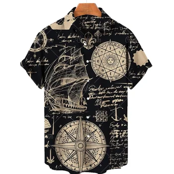 Мужские рубашки Парусный компас Печатная мода с коротким рукавом Гавайские рубашки Мужчина Винтажная уличная рубашка для мужчин Верхняя мужская одежда