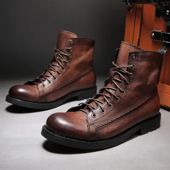 Новая мода Винтажная британская мужская кожаная обувь Высококачественные ботильоны Ботильоны На открытом воздухе Рабочие ботинки для мужчин Botas De Hombre Сапоги на платформе