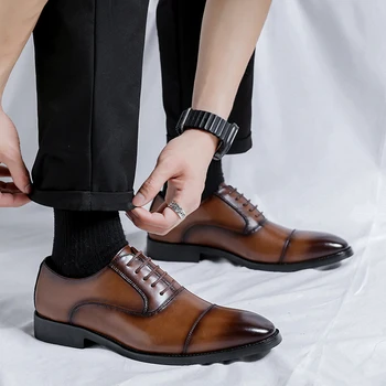 Обувь из натуральной кожи для мужчин Оксфорды на шнуровке Мужская свадебная вечеринка Офисная рабочая обувь Элегантный дизайнерский бренд Классическая обувь для мужчин