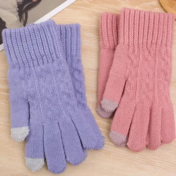 Осень-зима Теплые трикотажные перчатки на весь палец Шерстяные TouchScreen Однотонные варежки Утолщенные теплые мягкие велосипедные перчатки для вождения