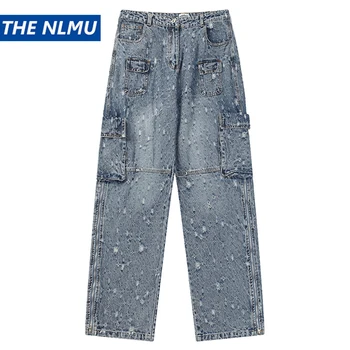 Потертые рваные винтажные синие мешковатые джинсы мужские джинсы-карго с несколькими карманами повседневные свободные джинсовые брюки уличная одежда Harajuku Jeans