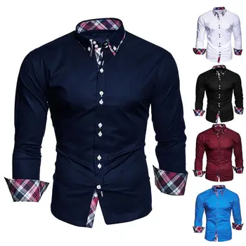 Потрясающая весенняя рубашка контрастных цветов Мужская рубашка All Match Slim Spring T-shirt Отложной воротник