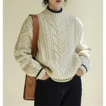 Пуловеры с коротким вырезом Женщины Осень Зима Корейский Повседневный Свободный Свитер с длинным рукавом Топы 2 цвета