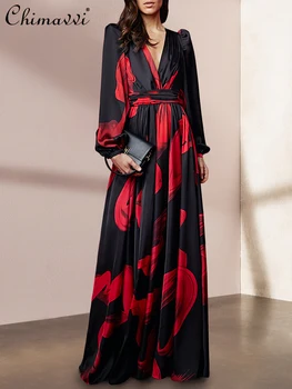 Ретро Платье 2023 Осень Новая Мода Дизайн V-образным вырезом Черное длинное платье Элитное роскошное макси-платье с длинным рукавом для похудения для женщин
