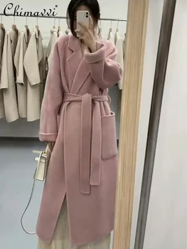 Розовое двустороннее кашемировое шерстяное пальто Женщины 2023 Зима Новая Мода Высокого Класса Средней Длины Корейского Стиля Свободные Элегантные Длинные Куртки