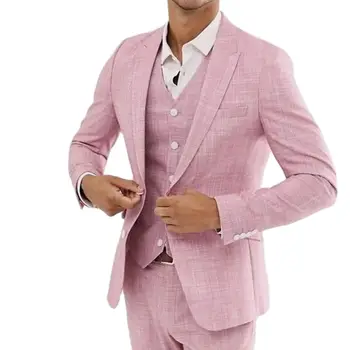 Розовые льняные летние свадебные костюмы для мужчин Slim Fit Fashion Bride Tuxedos Custom 3-Piece Куртка + Брюки + Жилет Terno Masculino