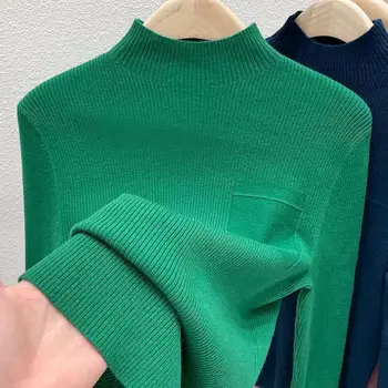  Рубашка с длинными рукавами с полувысоким воротником Женский осенне-зимний свитер Внутренняя одежда 2023 Новый вязаный пуловер Сплошной цвет T