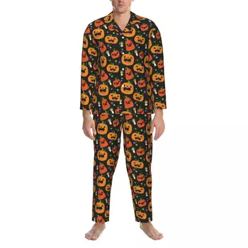  Симпатичные тыквенные пижамные комплекты Жуткий Хэллоуин Кавайные пижамы Мужчины с длинными рукавами Винтаж Дом 2 шт. Ночное белье Плюс размер