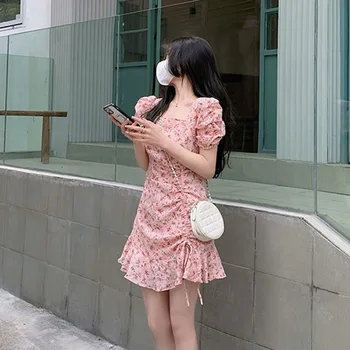 Сладкие милые женщины сексуальный принт цветочные платья мода с пышным рукавом и высокой талией мини-платье лето элегантный женский гофрированный корейский девушка