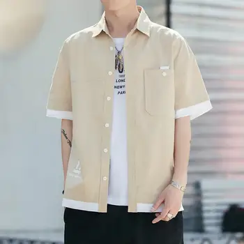 Сплошной цвет Лето с коротким рукавом Мужская одежда Молодежная корейская версия Мода Лацкан Однобортный Hong Kong Breeze Tooling Shirt