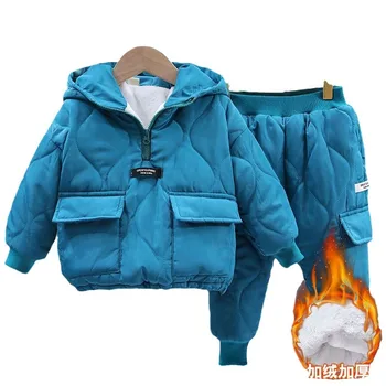  Стильные зимние комплекты из двух частей для мальчиков Флисовые теплые подростковые парки + брюки для малышей Детские тепловые наряды