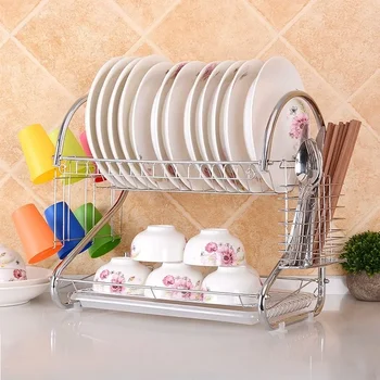  Стойка для сушки посуды со сливной пластиной Сушилка для кухни Кухонный свет Столешница Ящик для хранения посуды для дома 2-уровневая сушилка для посуды