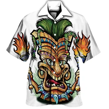  Тотем Майя 3d Печать Мужские рубашки 2023 Гавайские рубашки для мужчин Кубинский воротник С коротким рукавом Мода Череп Модные топы Мужская одежда