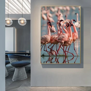 Фламинго на озере Плакаты и принты Современный домашний декор Животные Холст Живопись Настенные картины для гостиной Декор входа