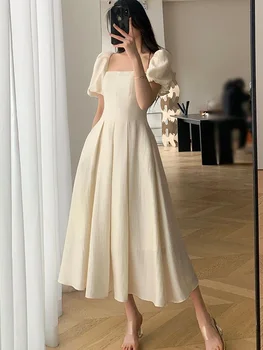 Шикарное новое модное летнее платье с квадратным вырезом и пышным рукавом Женское винтажное корейское платье миди 2024 Элегантные платья для вечеринок