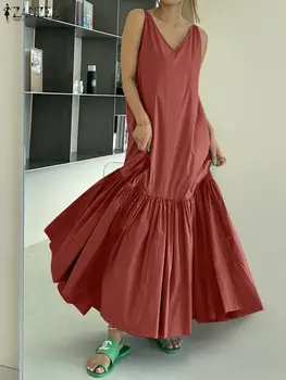 Элегантные макси платья для женщин V-образным вырезом без рукавов Vestido Robe Femme ZANZEA Корейское причинное однотонное длинное платье с оборками и подолом сарафана