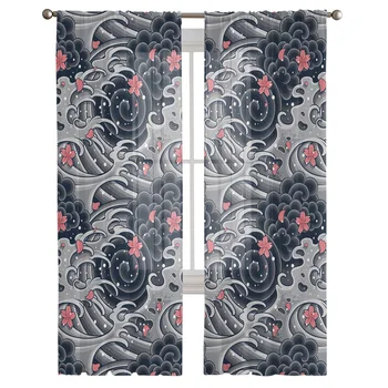 Японская морская волна Лепестки цветущей сакуры Прозрачные шторы для гостиной Современные вуальные шторы Спальня Тюлевые шторы Оконные шторы