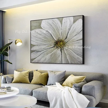 большой размер 100% ручная роспись белый цветок квадратная картина современная текстура растительная масляная живопись для украшения дома в качестве подарка без рамки