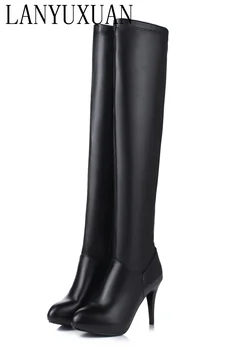  индивидуальный размер 32-45 Зимние женщины Черные длинные высокие каблуки 10 см над коленом на молнии кожаные пинетки Zapatos De Mujer Сапоги Обувь T601