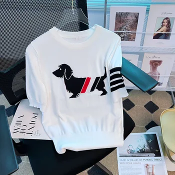 полосатый жаккардовый пуловер для собак футболки, летняя белая футболка-свитер, рубашка с круглым вырезом и короткими рукавами, кофта женская