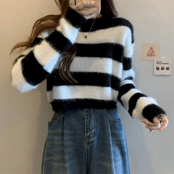 пуловер свитер женский трикотаж с о-образным вырезом укороченный полосатый дизайн трикотажные свитера свободные топы с длинными рукавами наряд корейский стиль одежда
