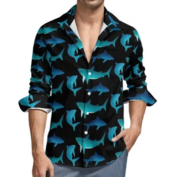 темная акула рубашка мужские забавные повседневные рубашки с животным принтом весна эстетический дизайн блузки с длинным рукавом модная одежда оверсайз подарок