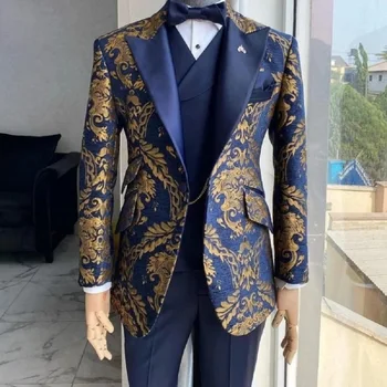 темно-синий свадебный мужской костюм 3 шт. с золотым узором вышивка тонкий для свадьбы жених банкет повседневный смокинг комплект куртка + жилет + брюки