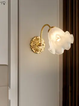 французский классический ретро винтажный цветочный настенный светильник LED E14 Золотой блеск Медный стеклянный настенный Спальня Гостиная Прикроватный кабинет
