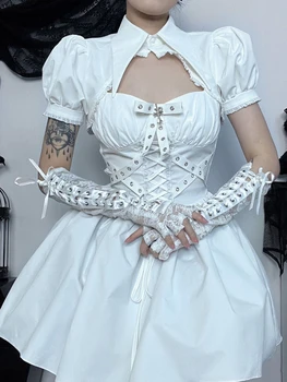 французский сладкий белый мини-платья женский бандаж спагетти ремешок без рукавов вечеринка y2K отложной воротник пышные рукава укороченный топ
